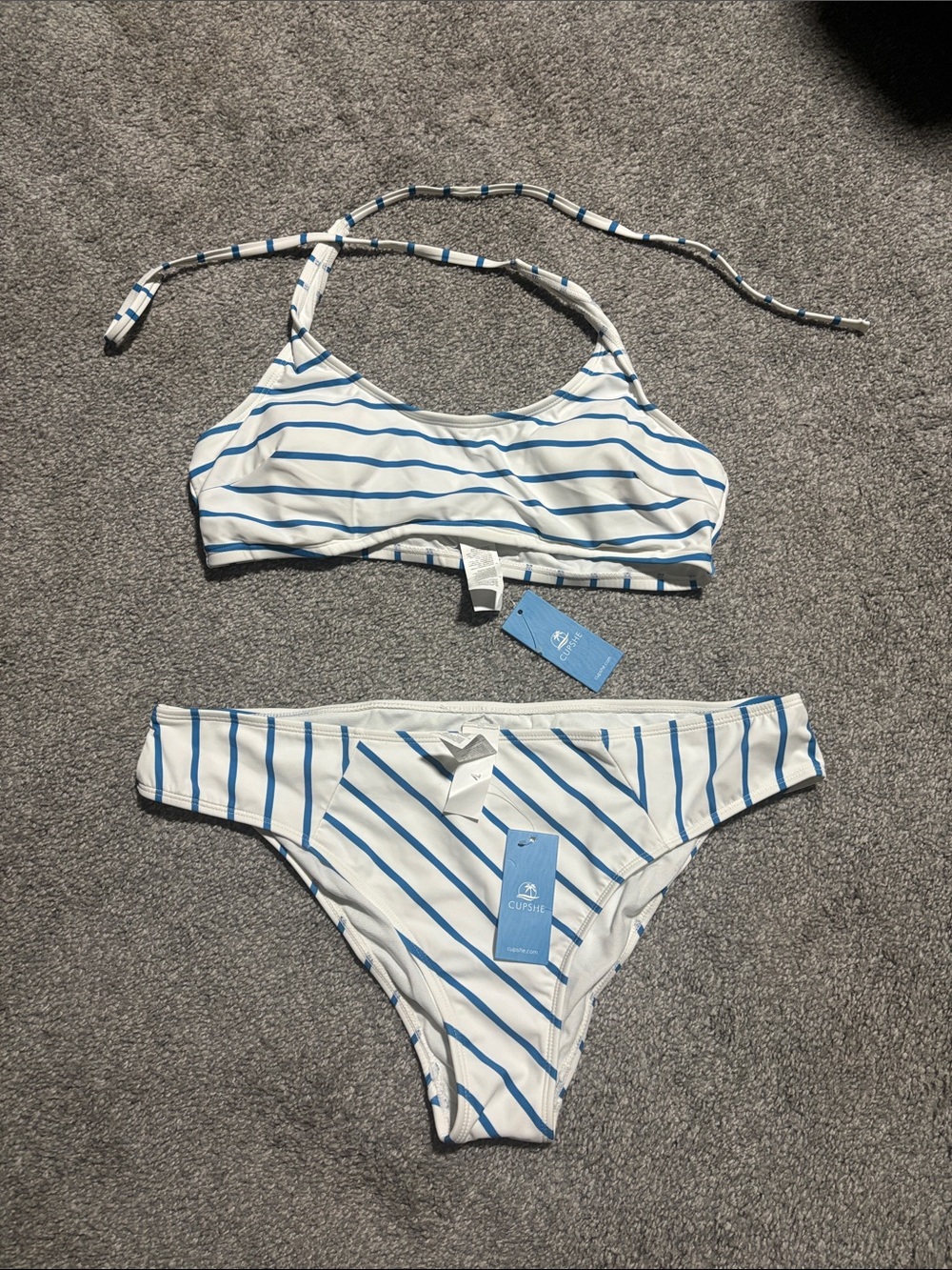 Cupshe White Bikini with Blue Stripes Halter Set